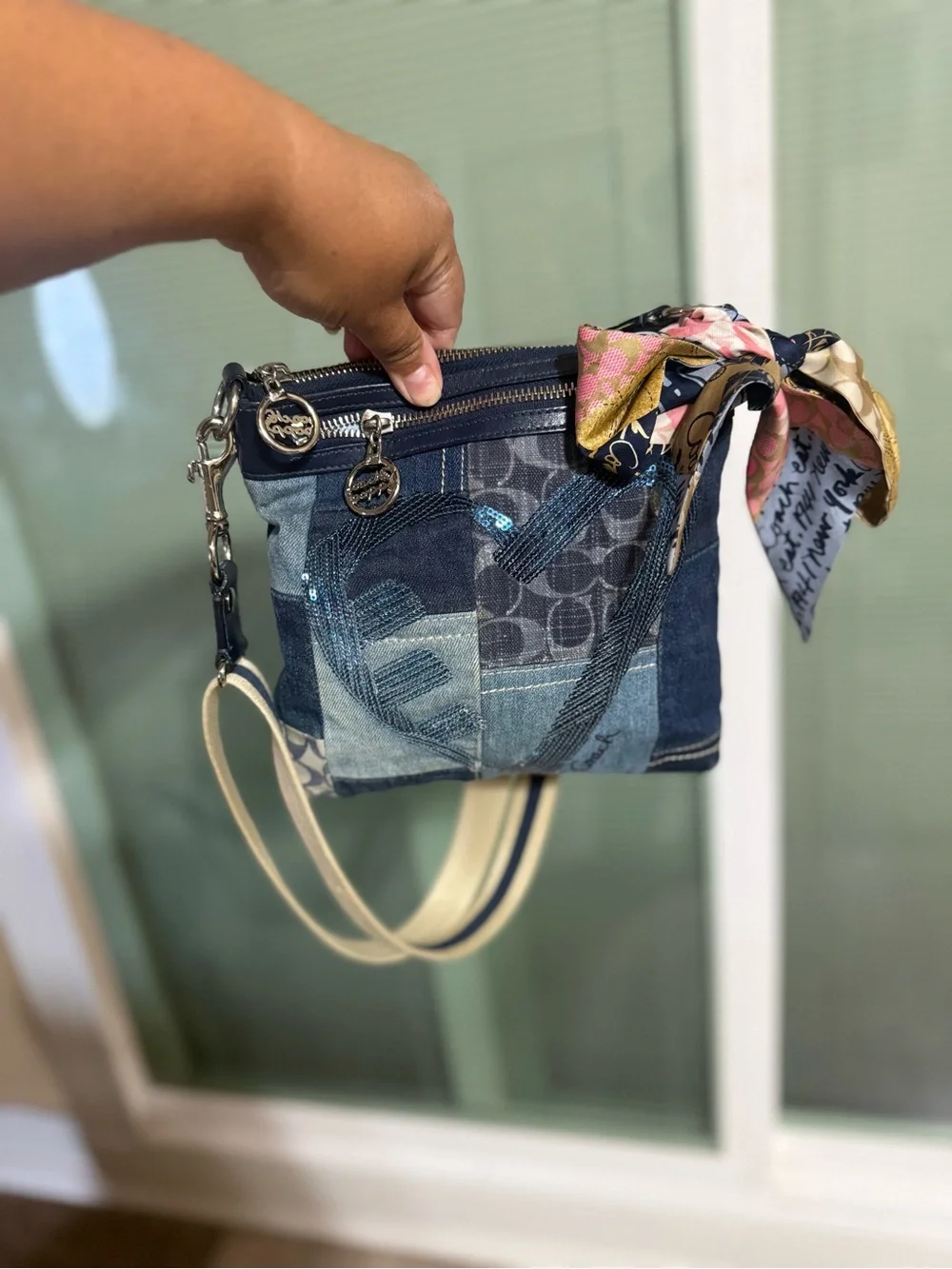 Coach Denim Patchwork Heart Crossbody Bag - Blue & Light Blue - Picture 3 of 6